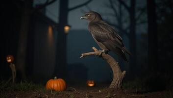 A bird perched on a spooky Halloweenthemed branch at night photo