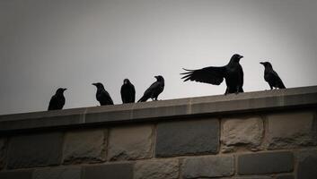 A somber scene with crows perched upon an old weathered stone fence photo