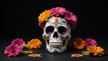 A cultural and vibrant Dia de Los Muertosthemed wallpaper featuring a colorful calavera surrounded by lively flowers against a dark backdrop photo