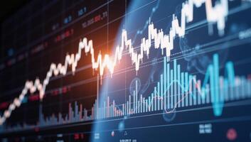 Stock market chart lines depict a technologyfocused financial crisis or meltdown against an abstract techconcept backdrop photo