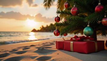 Christmas tree adorned with ornaments and gifts set against a sandy beach at sunset photo