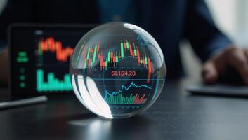 Investment outlook Stock market prediction depicted through a crystal ball featuring a candlestick chart for forecasting purposes photo