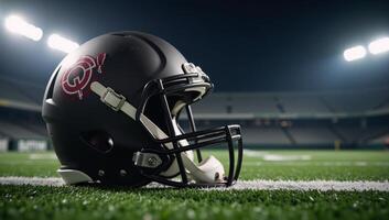 Closeup shot of an empty football helmet set against a blurry stadium backdrop emphasizing intricate sports gear and equipment details photo