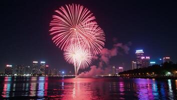 A vibrant retro neon firework show against a glowing neon backdrop photo