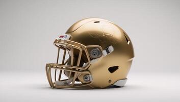 Shiny golden football helmet with sleek design glossy finish and protective grill styled against a clean white backdrop to convey athletic elegance photo