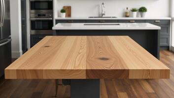 A detailed 3D render of a charming natural wood table against a stylish kitchen backdrop photo
