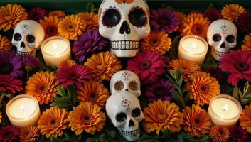 Vibrant Day of the Dead floral border adorned with skulls and candles photo