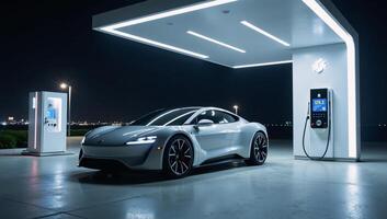 Modern sleek hydrogen fuel station features futuristic car being refueled showcasing a clean design with vibrant colors photo
