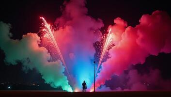 Colorful light show with smoke effects illuminates a dark setting at nighttime photo