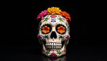 Colorful sugar skull adorned with flowers against a black backdrop photo