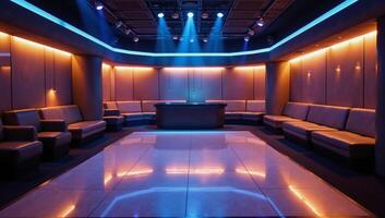 A highend futuristic club featuring an illuminated dance floor glowing LED walls and lavish VIP areas photo