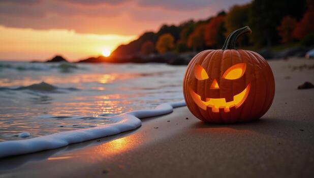 Festive Halloween scene JackOLantern on Shoreline Ideal Beach Party Promotion Themed Event Copy Space photo