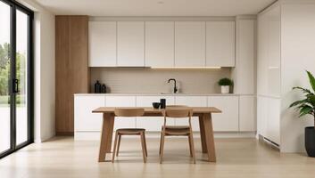 A cozy beigethemed kitchen showcases a dining table photo