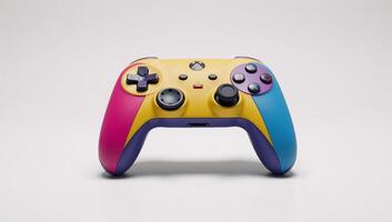 A vibrant colorful game controller stands against a pristine white backdrop photo