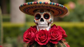 Day of the Dead Skull with hat cactus adorned with red roses photo