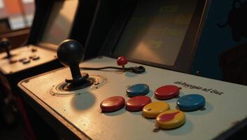 Vintage gaming console amidst nostalgic arcade room with classic joystick colorful buttons photo