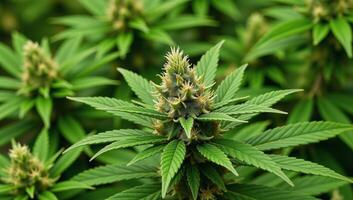 Medical cannabis plants with vibrant green foliage serve as the backdrop of the image photo