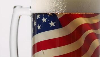 Closeup image showcasing an American flags crisp reflection within a beer mug emphasizing the symbolic contrast between patriotism and debauchery in high definition Up32K HD photo