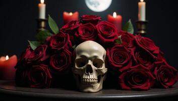 A gothic still life features an ornate skull amidst a luxurious arrangement of darkred roses under eerie moonlight and flickering candlelight photo
