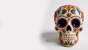 Isolated design element A Day of the Dead Mexican Sugar Skull on a simple vibrant backdrop suitable for logos and other graphic applications photo