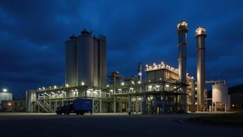 Modern chemical factory at night highlighted by ASME equipment and highpressure tanks in a factory area within the chemical industry photo