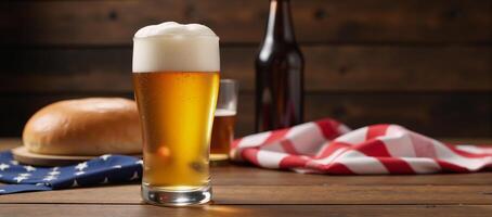 Festive beer scene with an American flag buns and bottles celebrating a holiday or event photo