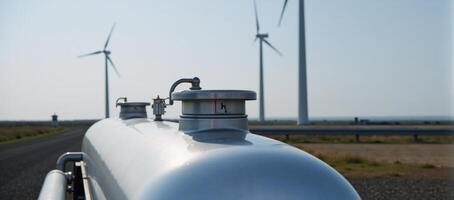 Closeup image of an industrial hydrogen fuel tank amidst a backdrop of a hydrogen power plant signifying progress towards achieving net zero emissions by 2050 photo