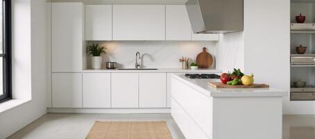 Modern minimalist kitchen scene featuring blurred white furnishings photo