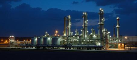 Modern chemical factory at night highlighted by ASME equipment and highpressure tanks in a factory area within the chemical industry photo