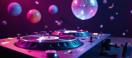 A luminous digital rendition of a vibrant DJ setup amidst glowing planets under a cosmic neon glow Nightclub Ambiance photo