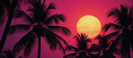 Illustrated scene featuring a tropical setting during either sunrise or sunset under neon lights showcasing palm trees and the sun in a vintageinspired style photo