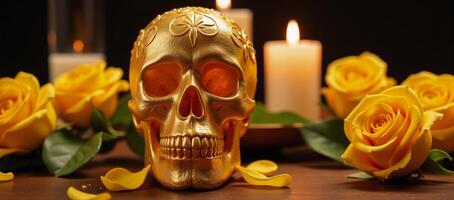 A golden sugar skull adorned with yellow roses and candles symbolizes the Day of the Dead celebration photo
