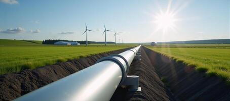 A secure carbonneutral transformation in the energy sector visualized as a 3D rendered hydrogen pipeline connecting solar power plants for clean energy balancing renewables with reduced reliance on photo