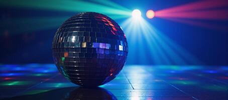 Glowing disco ball amidst vibrant danceclub lighting embodying highenergy disco aesthetic and featuring dynamic blue motifs set against a pulsating beat photo