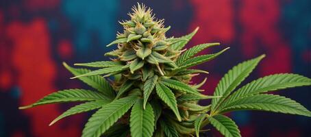 Painting displays detailed closeup of colorful cannabis plant with focus on leaves stems and intricate details photo