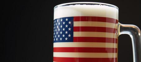 Closeup image showcasing an American flags crisp reflection within a beer mug emphasizing the symbolic contrast between patriotism and debauchery in high definition Up32K HD photo