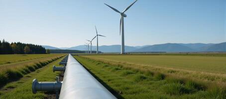 Hydrogen pipeline amidst windpowered energy source wind turbines photo