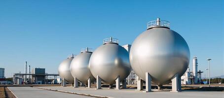 A 3D rendering of a modern petrochemical factory featuring spherical BPVC gas storage tanks under a bright blue sky photo