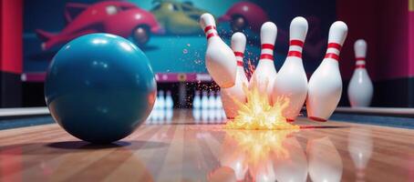 A brightly colored cartoony image of a bowling ball knocking over pins in an alley photo