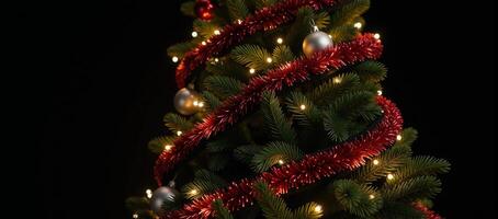 Festive Christmas tree with red black garland lit by warm glow 8k 3D render photo