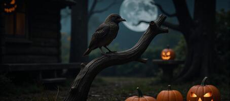 A bird perched on a spooky Halloweenthemed branch at night photo