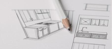 Modern kitchen layout in sleek style featuring topnotch appliances illustrated as an intricate pencil sketch ideal for design presentations or showcasing home remodeling projects photo
