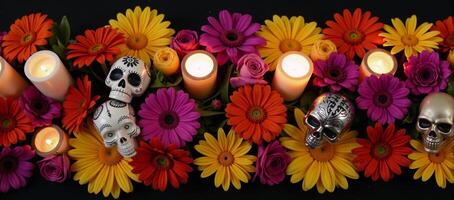 Vibrant Day of the Dead floral border adorned with skulls and candles photo