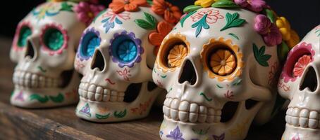 Three floraladorned sugar skulls photo