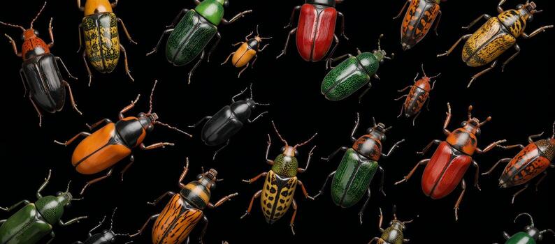 Colors pop as a variety of bugs and beetles scatter across a dark background Top View photo