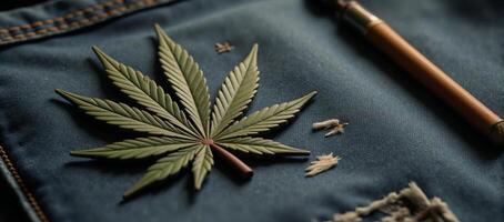 Stylized cannabis leaf emblem against distressed earthtoned denim backdrop symbolizes counterculture and alternative lifestyles photo