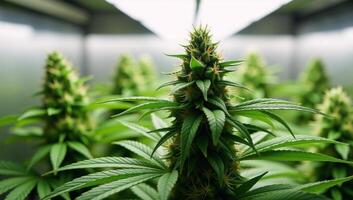 Cultivating marijuana plants under LED lights photo