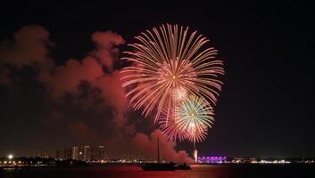 A lively display of colorful fireworks lights up the holiday night sky setting a festive mood photo