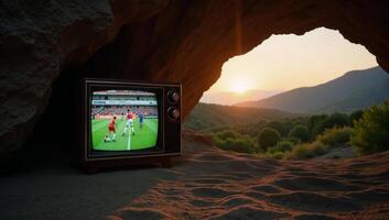 Vintage TV displays a football game set against a rocky cave and serene landscape at sunset photo