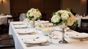 Preparations needed for a wedding reception at a restaurant with suitable table settings and decorations photo